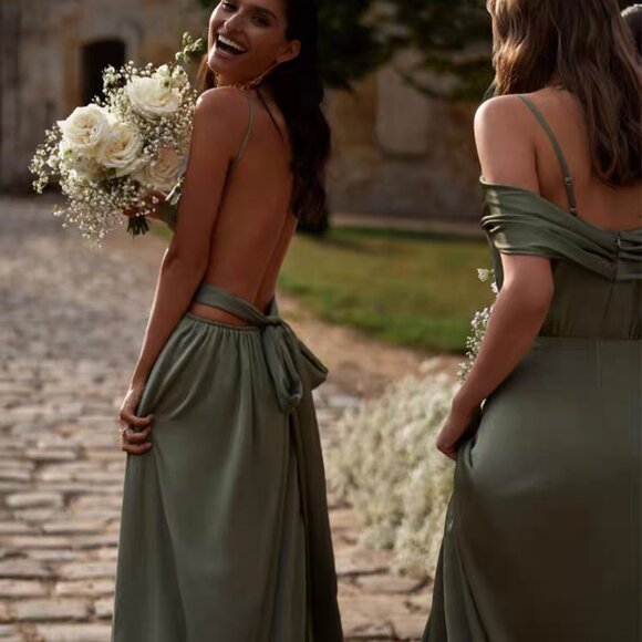 Olive Green Satin Bridesmaid & Formal Slit Dress - Picture 2 of 3